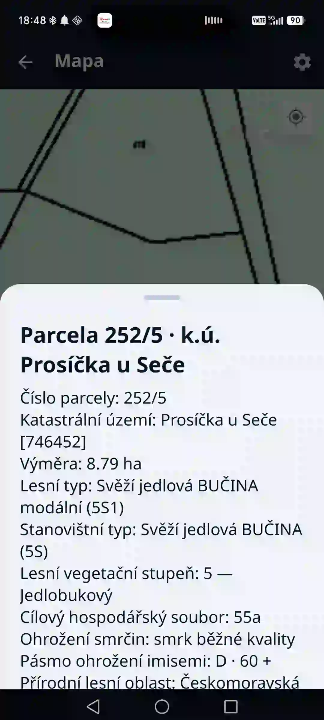 Lesní atlas v aplikaci – parcela a porost na mapě