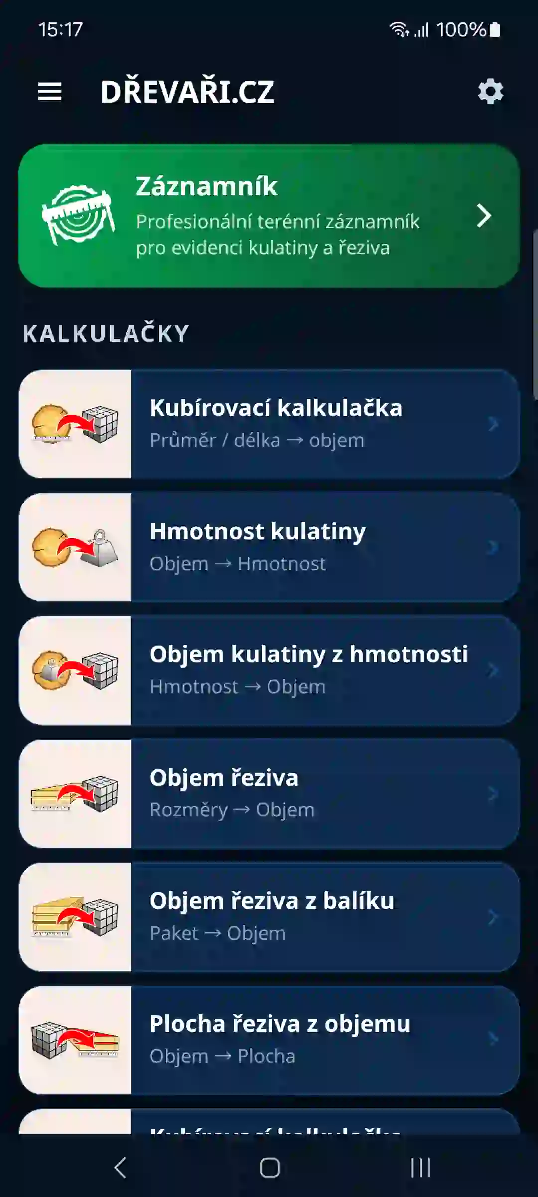Úvodní obrazovka aplikace se záznamníkem a kalkulačkami