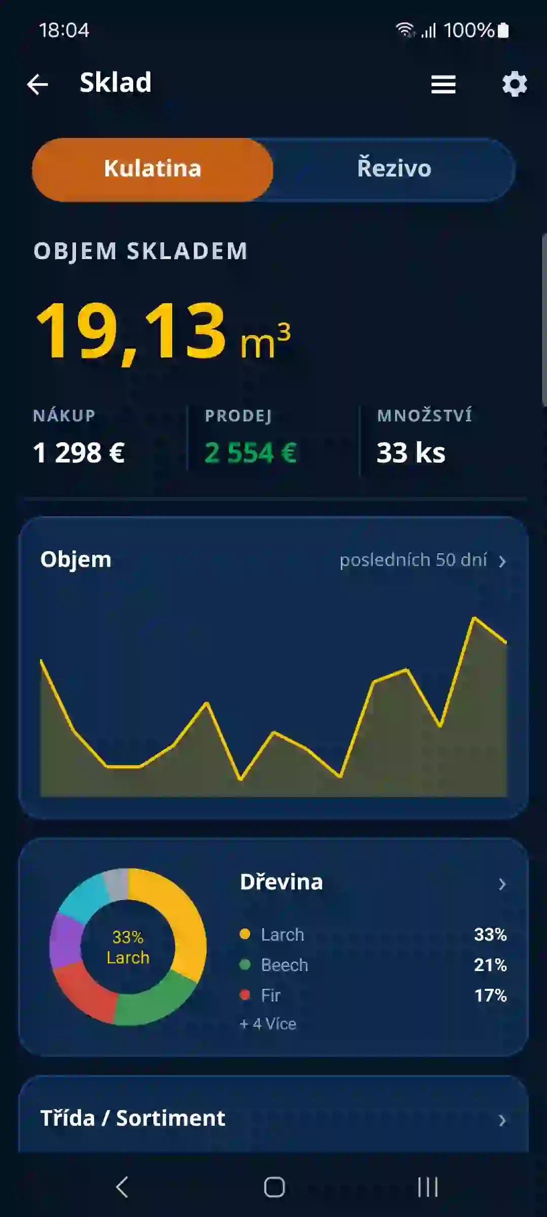 Přehled skladu řeziva v aplikaci DŘEVAŘI.CZ
