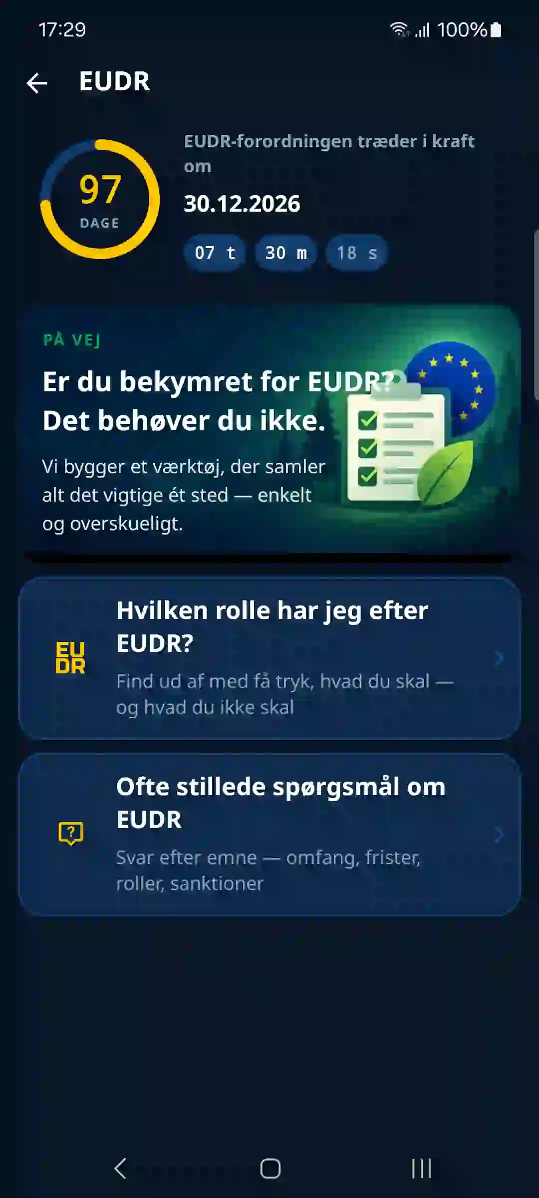 EUDR i appen – nedtælling og vejledning