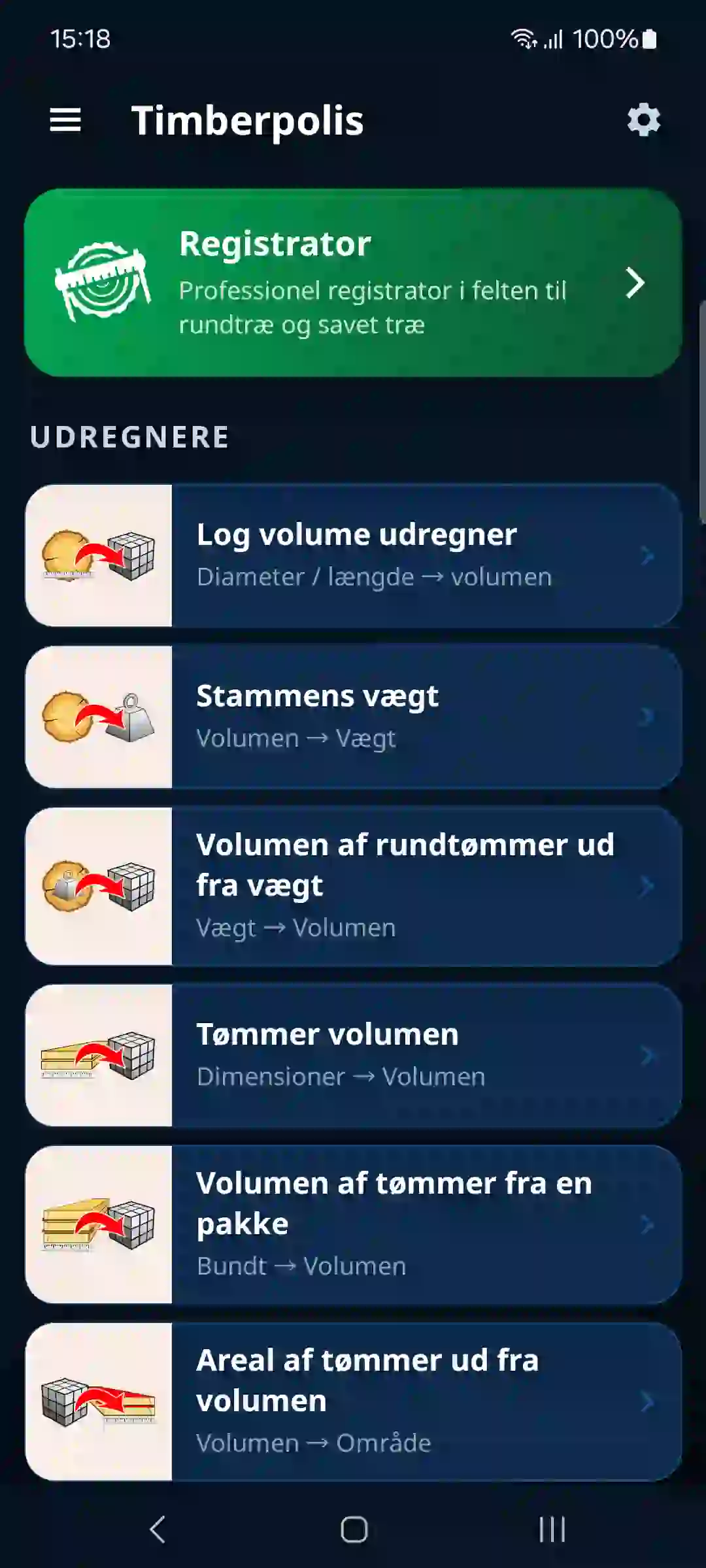 Appens startskærm med registrator og udregnere