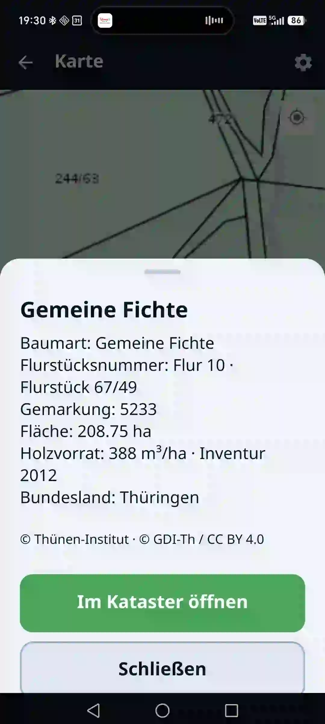 Waldatlas in der App – Flurstück und Bestand auf der Karte
