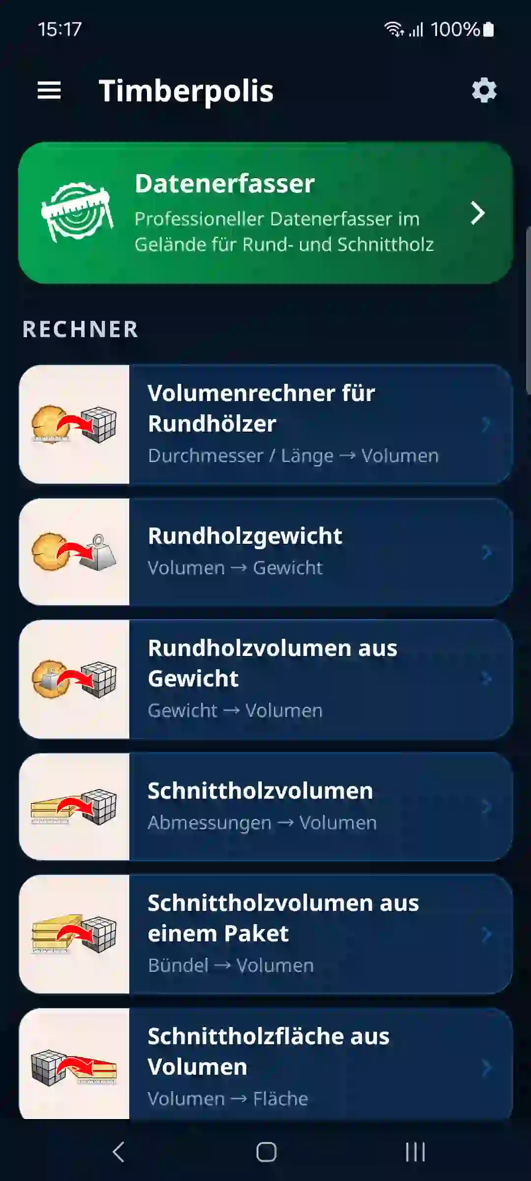 Startbildschirm der App mit Datenerfasser und Rechnern