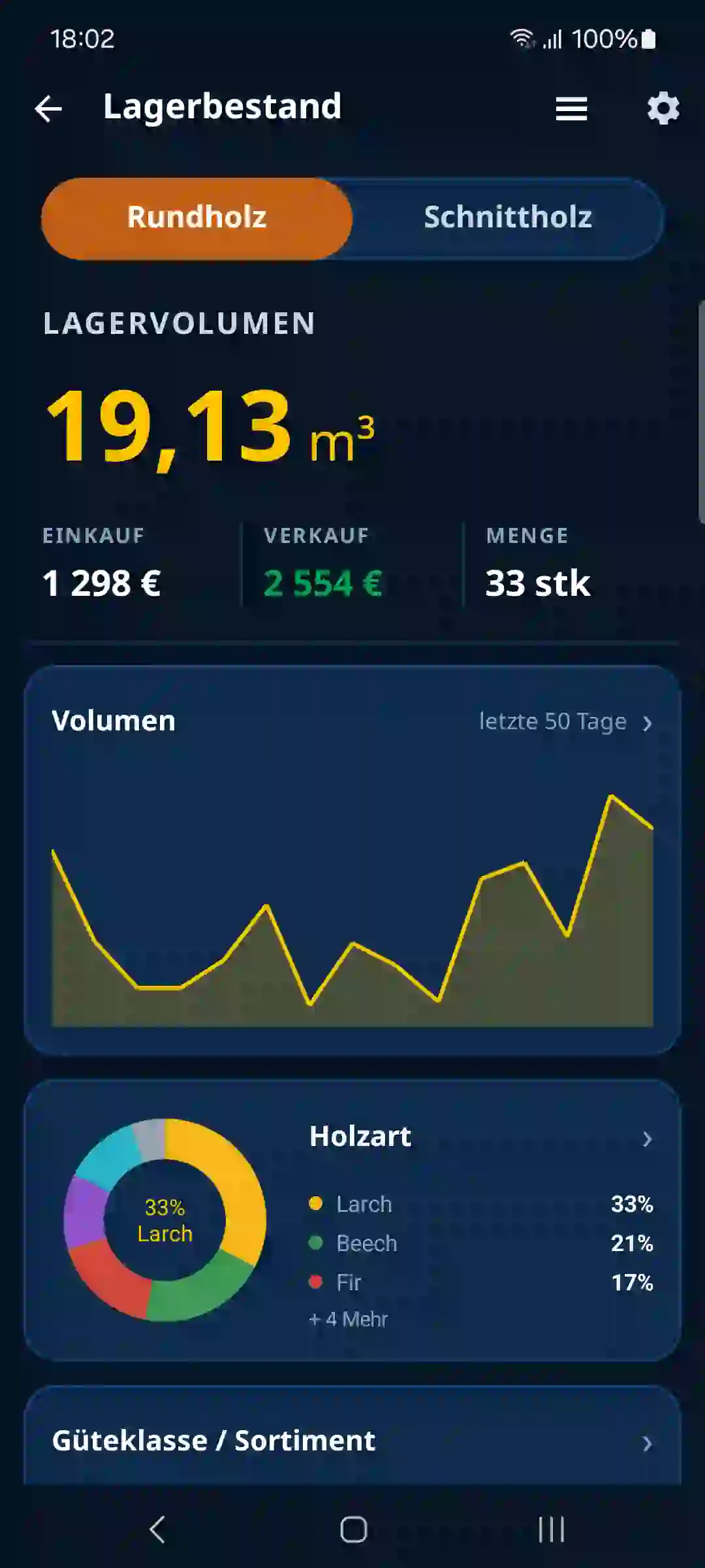 Überblick über den Holzlagerbestand in der App TIMBERPOLIS