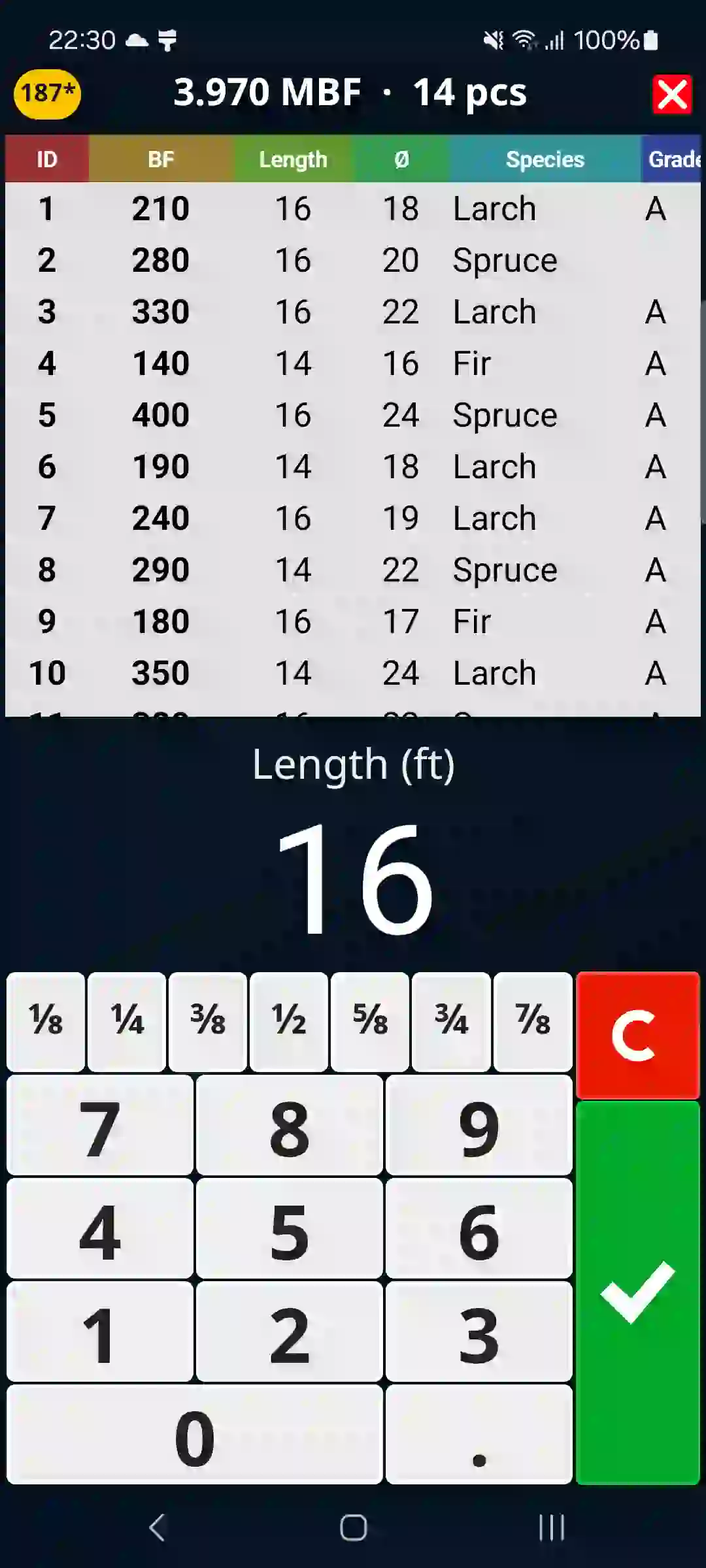 Log tally recorder with a large keypad in the TIMBERPOLIS app