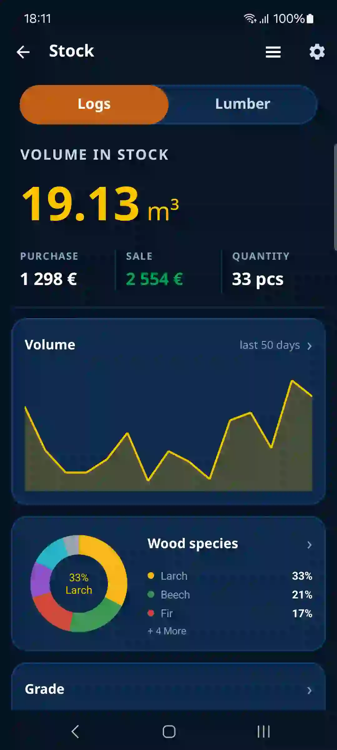 Timber inventory overview in the TIMBERPOLIS app
