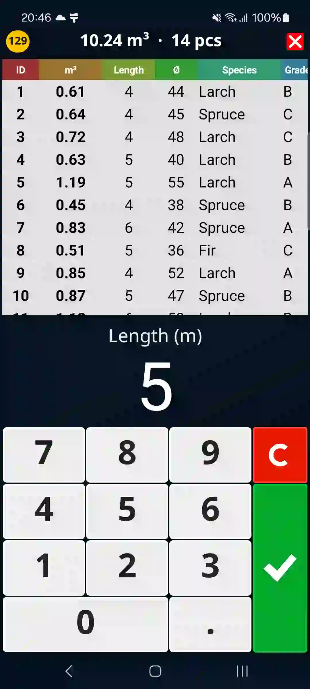 Log tally recorder with a large keypad in the TIMBERPOLIS app