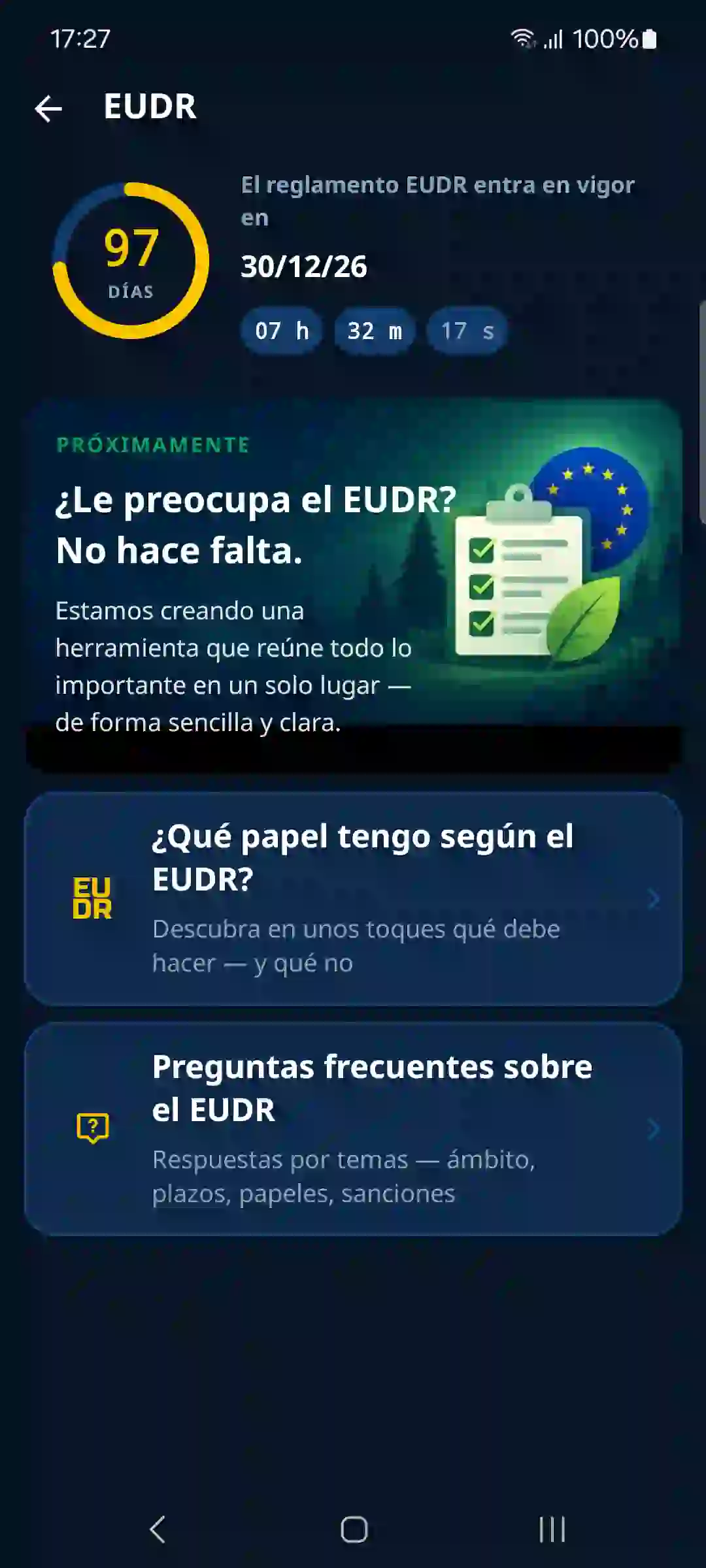 EUDR en la app – cuenta atrás y guía