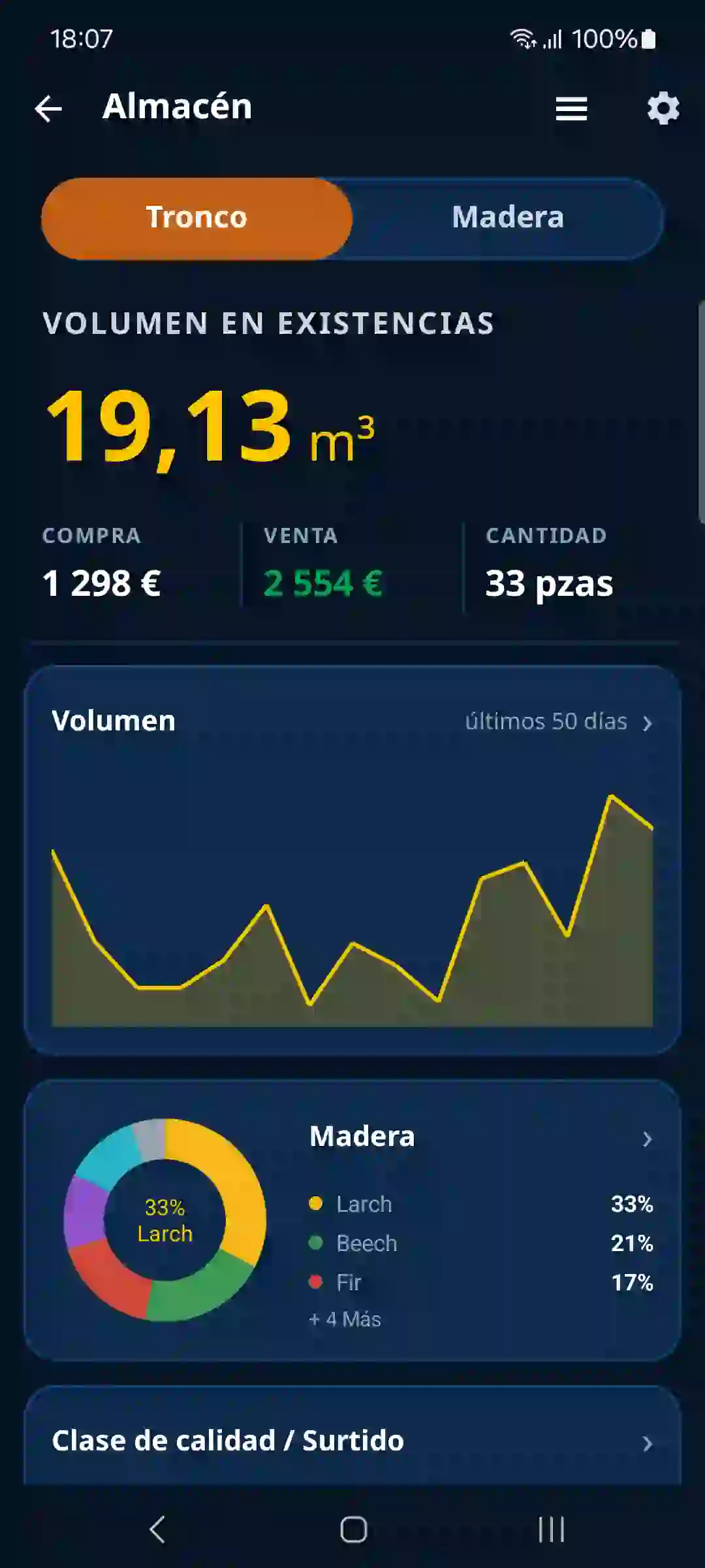 Resumen del almacén de madera en la aplicación TIMBERPOLIS