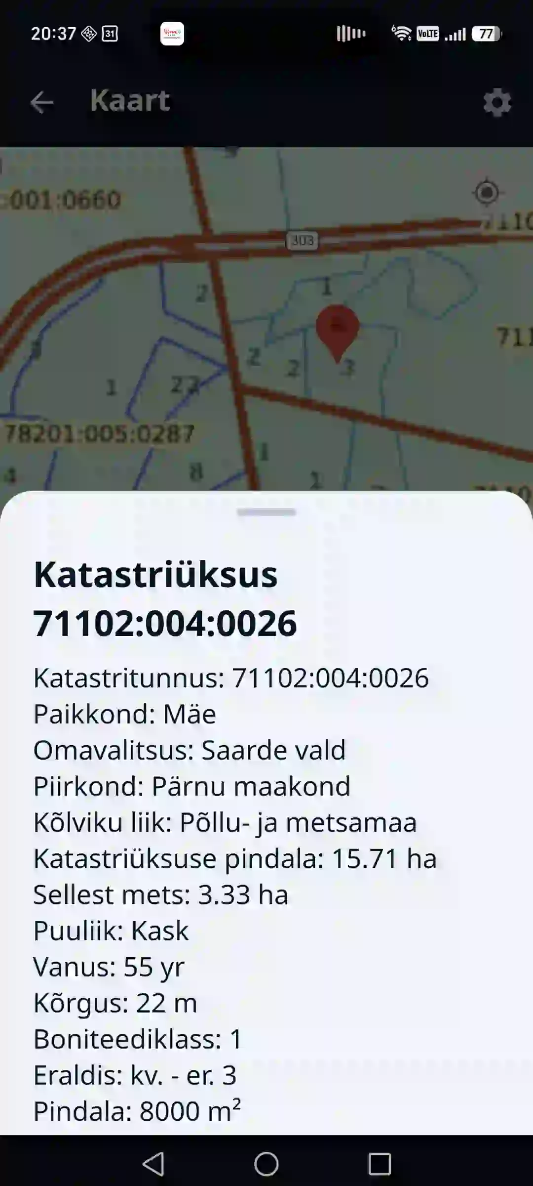 Metsaatlas rakenduses – maatükk ja puistu kaardil