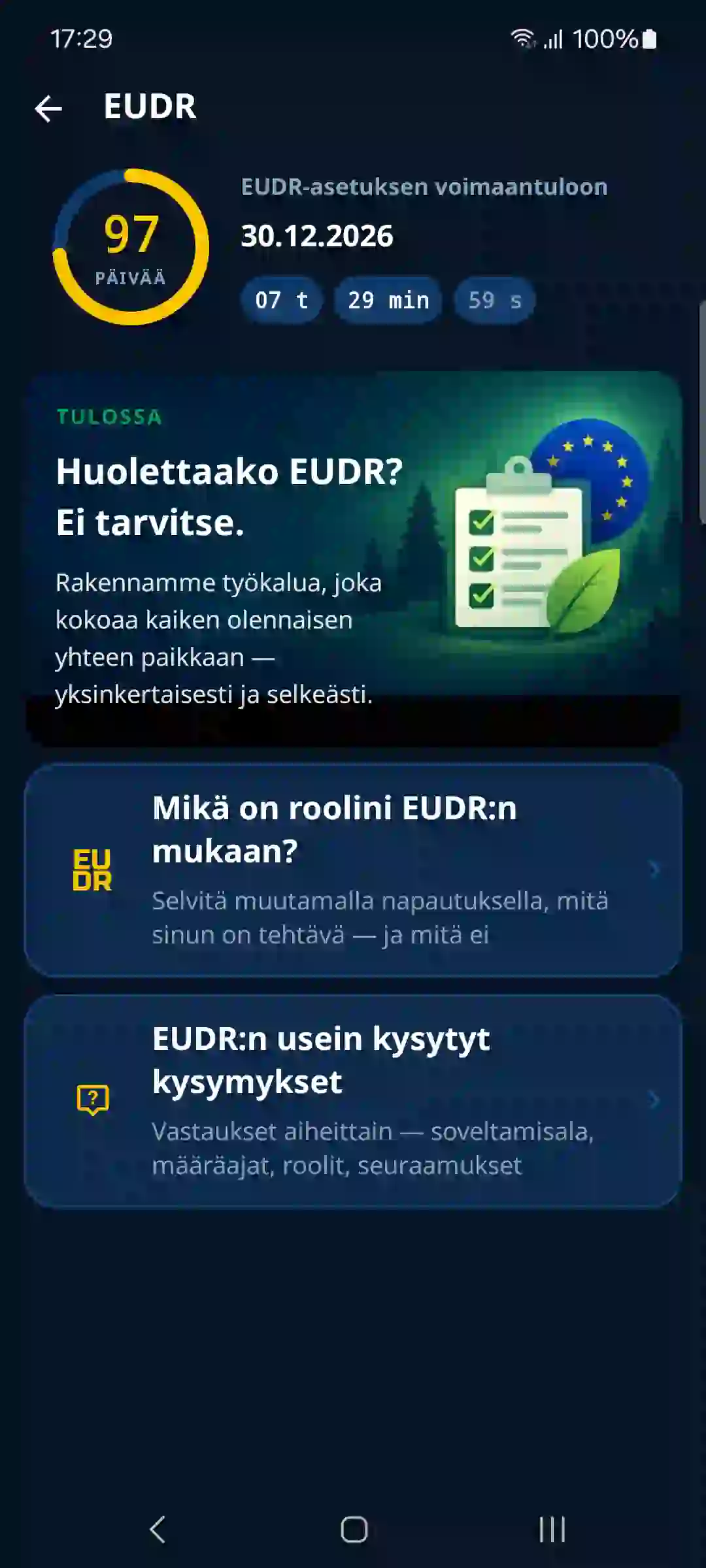 EUDR sovelluksessa – jäljellä oleva aika ja opas