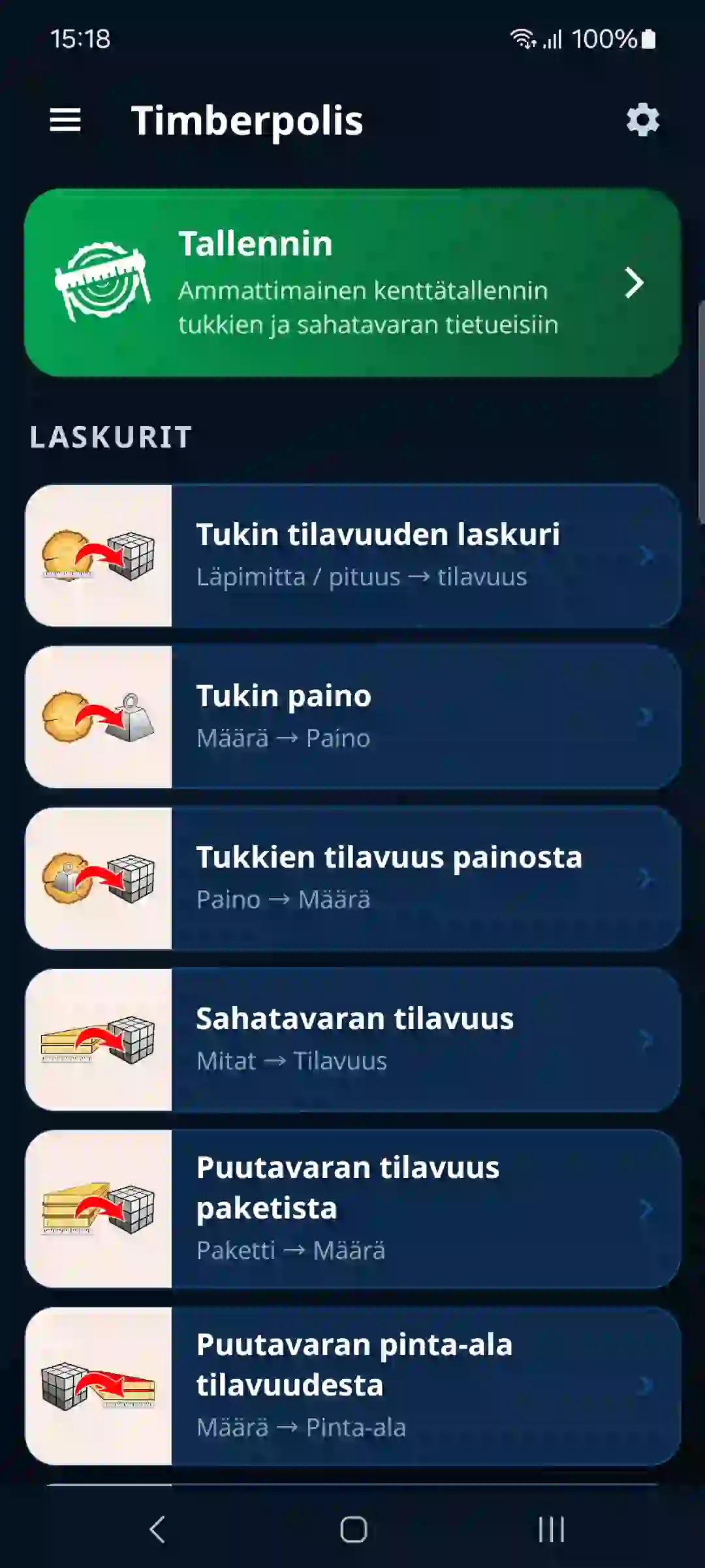 Sovelluksen aloitusnäyttö, jossa tallennin ja laskurit