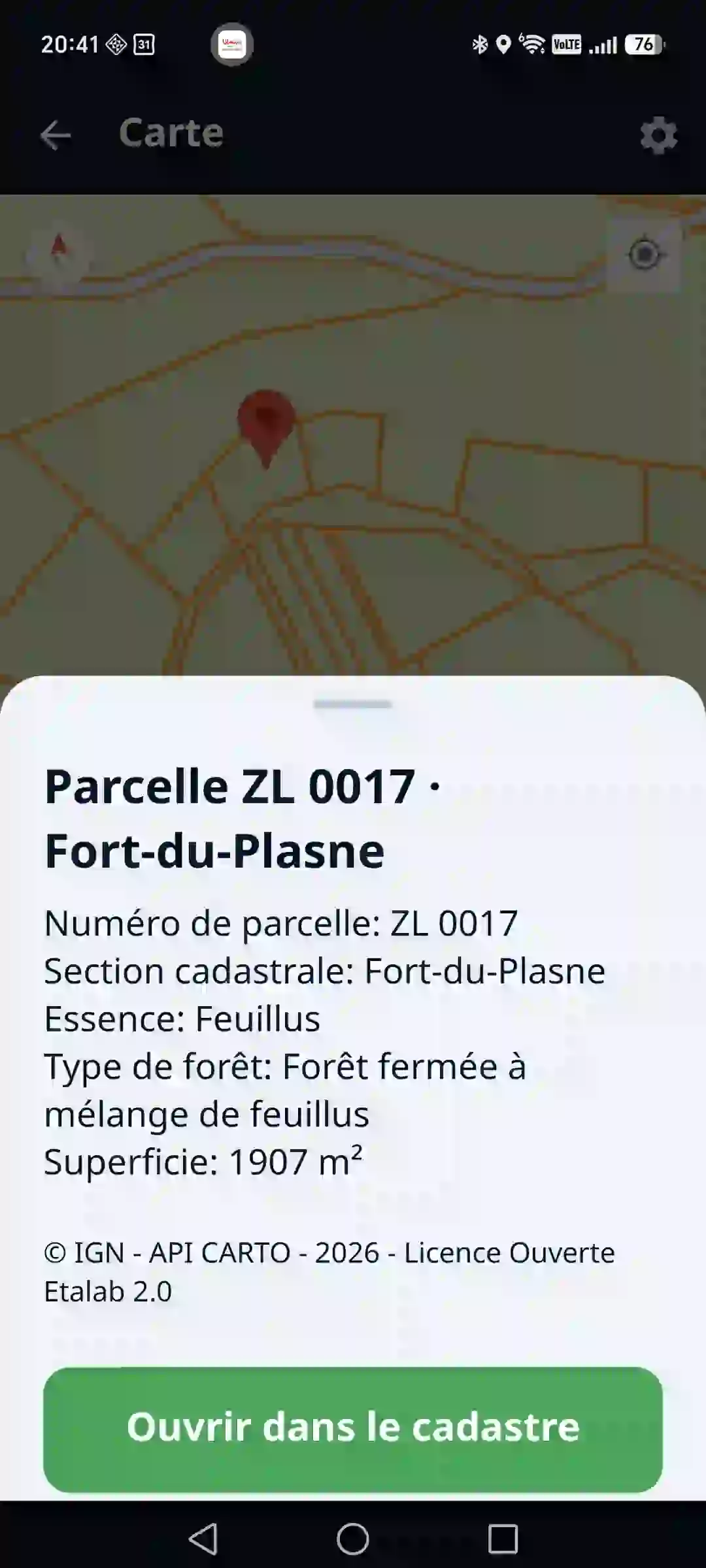 Atlas forestier dans l’application – parcelle et peuplement sur la carte