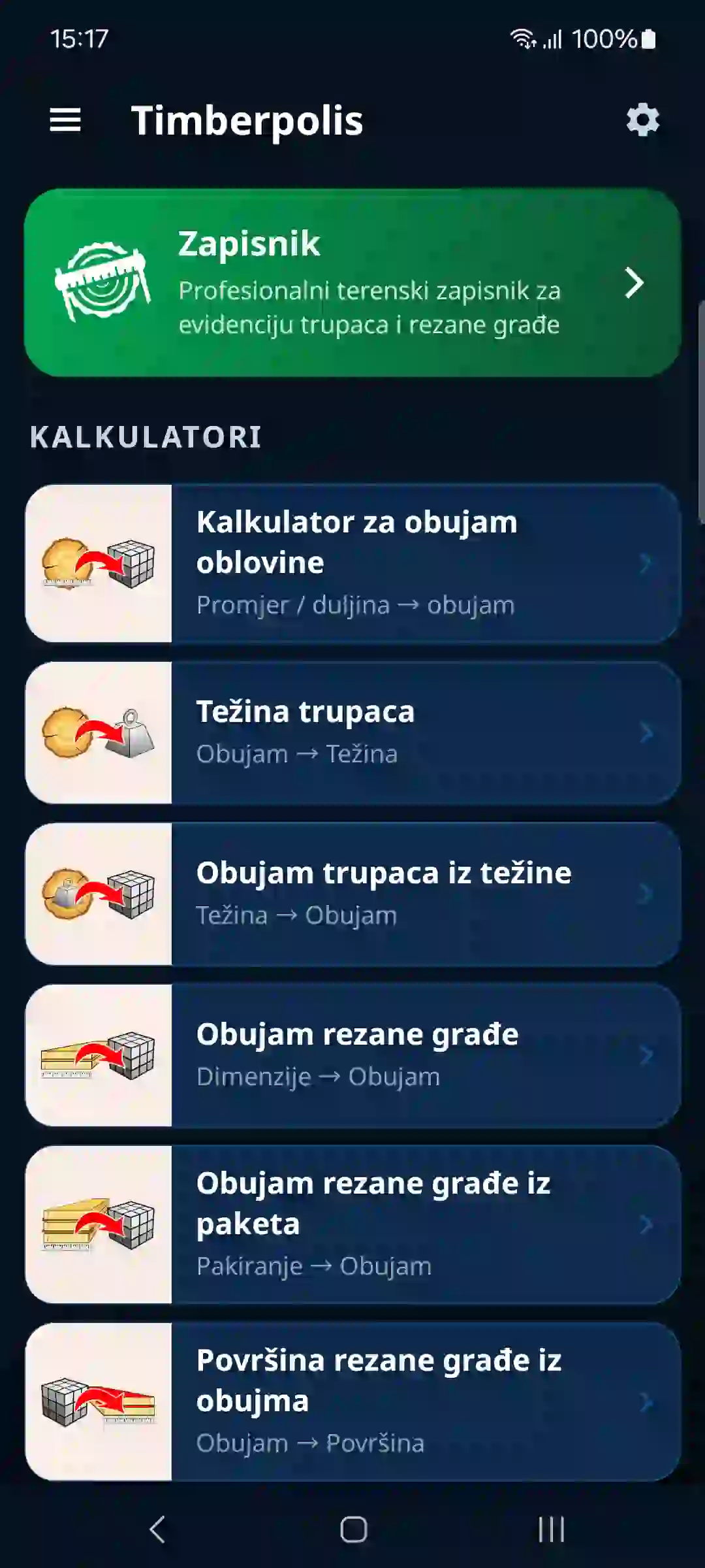 Početni zaslon aplikacije sa zapisnikom i kalkulatorima