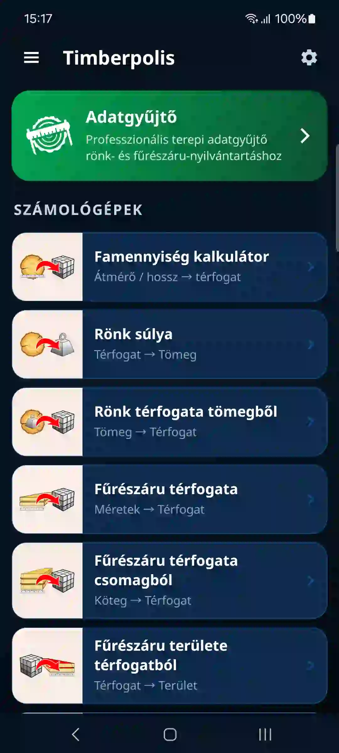 Az alkalmazás kezdőképernyője az adatgyűjtővel és a számológépekkel