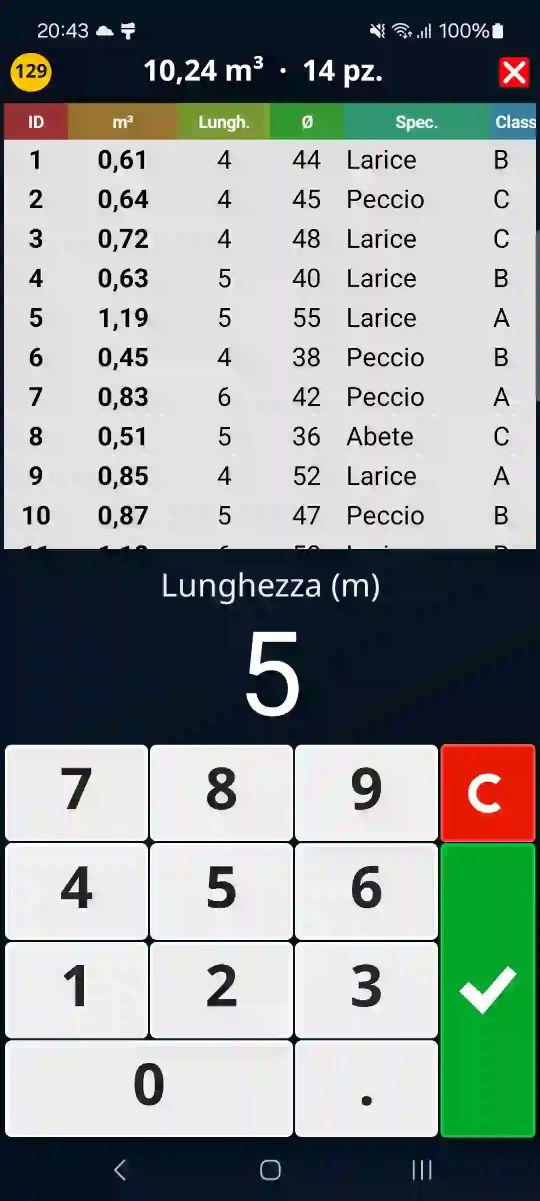 Registratore del tondo con tastierino ampio nell'app TIMBERPOLIS