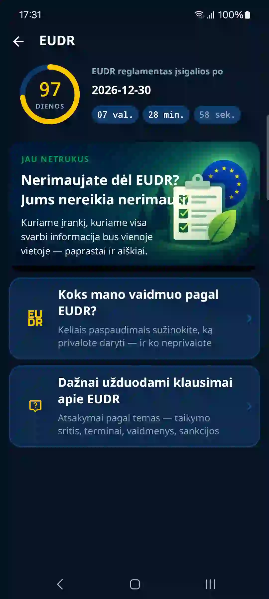 EUDR programėlėje – laiko skaičiavimas iki įsigaliojimo ir vadovas