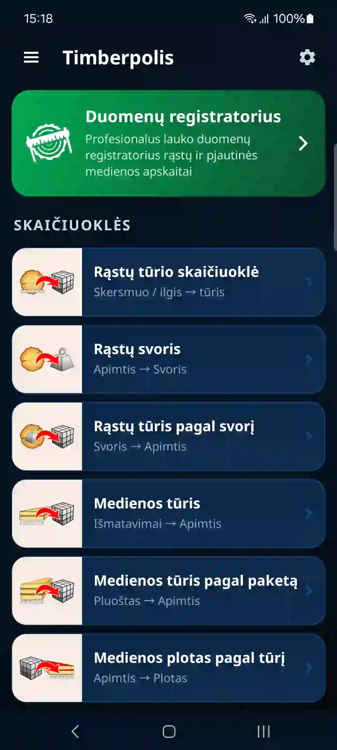 Programėlės pradžios ekranas su duomenų registratoriumi ir skaičiuoklėmis
