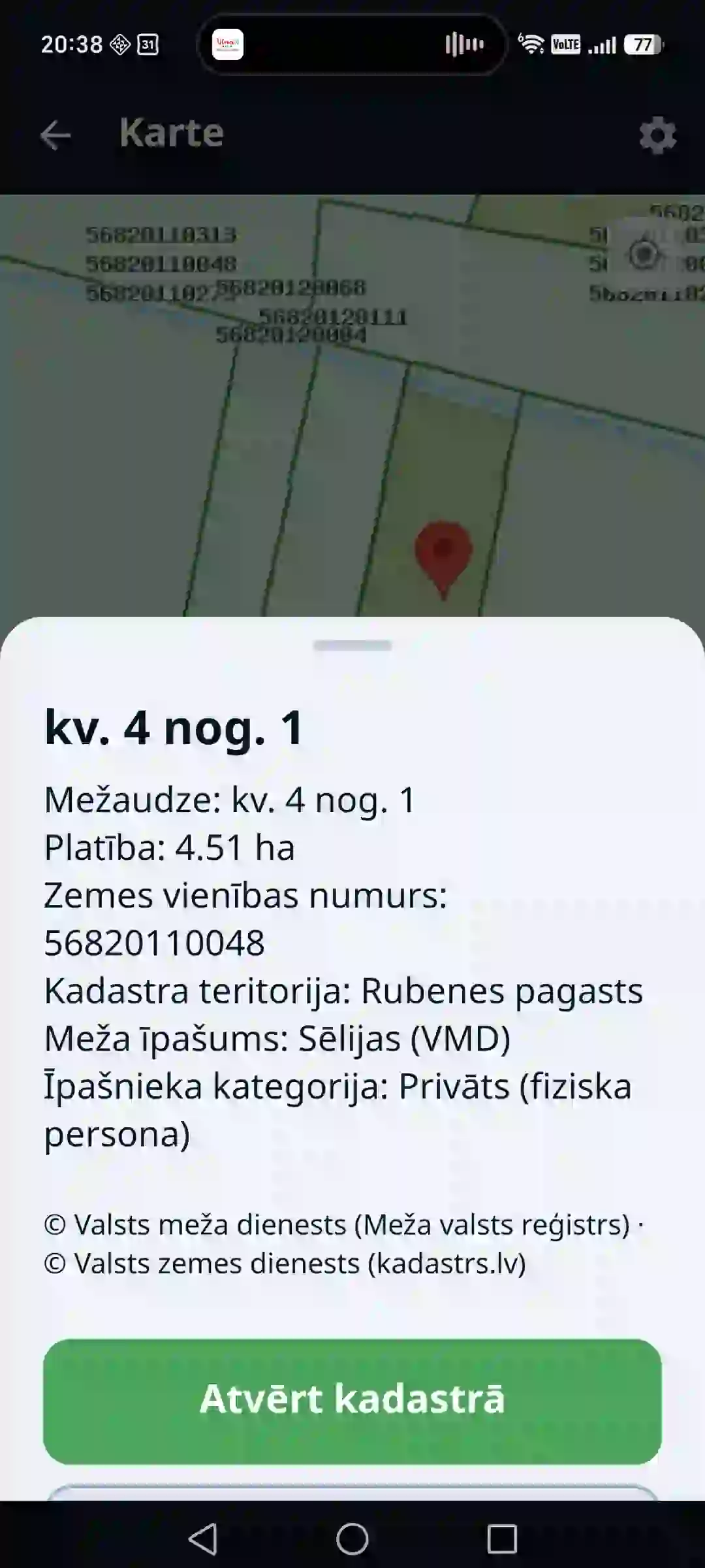 Mežu atlants lietotnē – zemesgabals un audze kartē