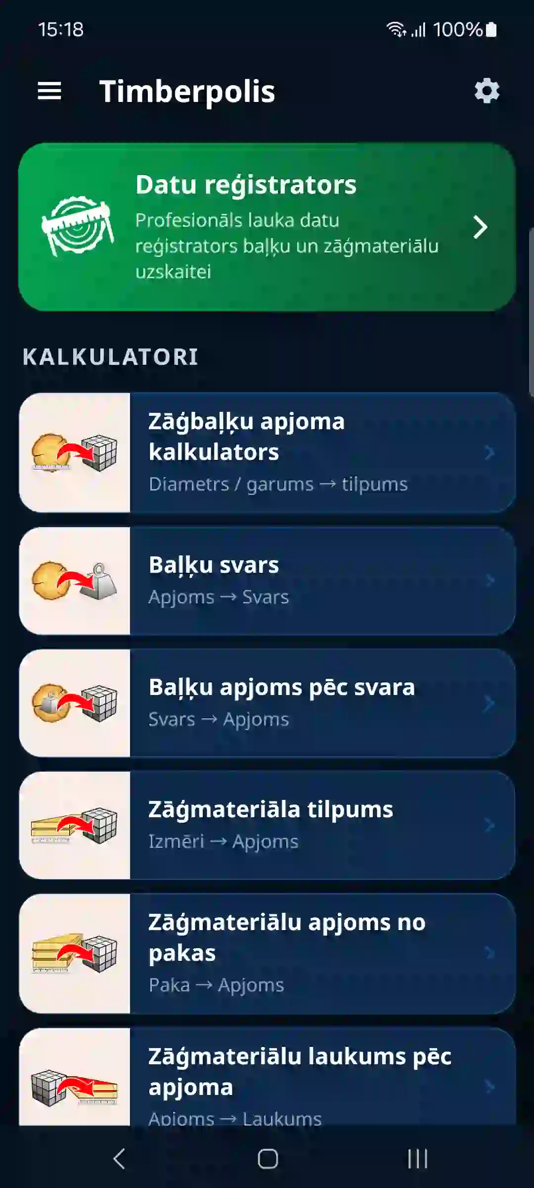 Lietotnes sākuma ekrāns ar datu reģistratoru un kalkulatoriem