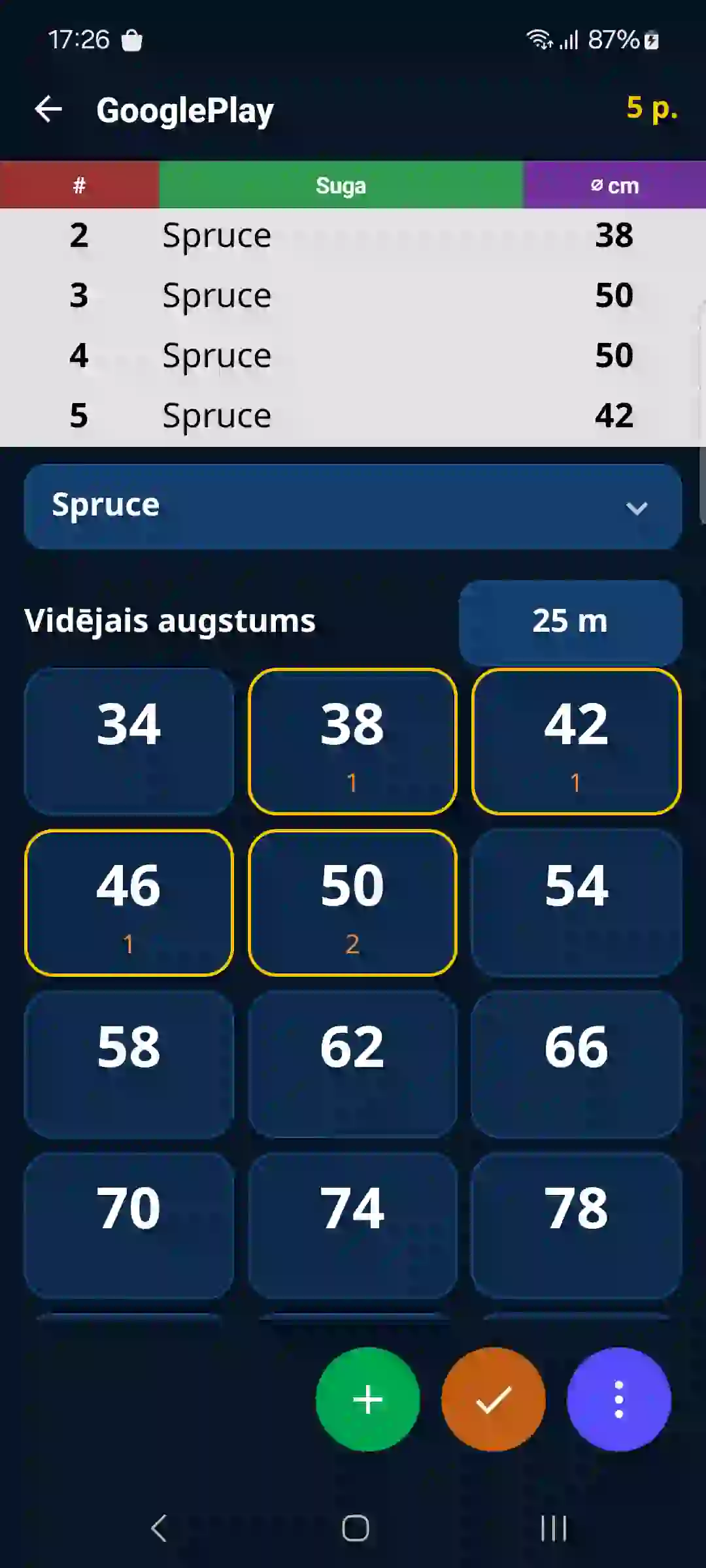 Augošu koku uzskaite lietotnē – ieraksts pa sugām