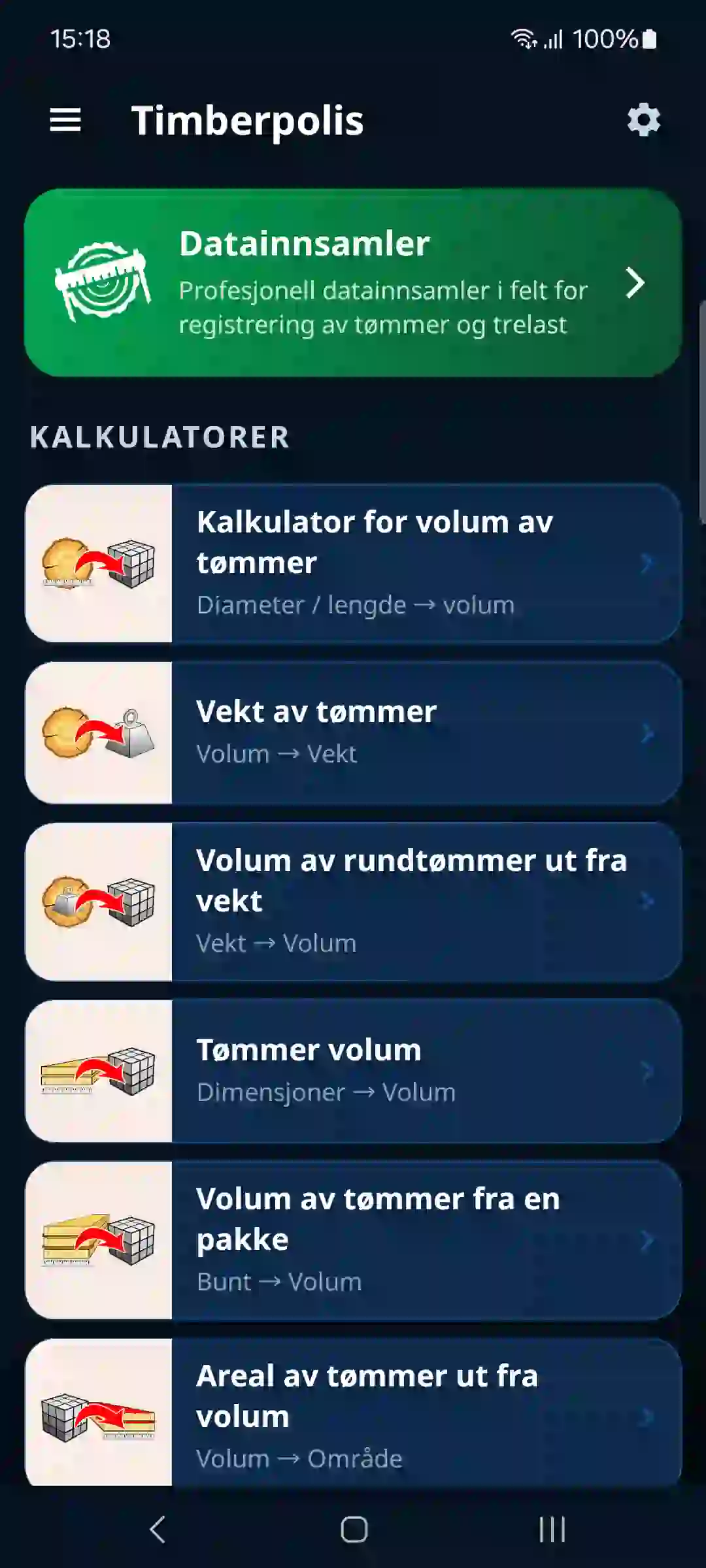 Appens startskjerm med datainnsamler og kalkulatorer