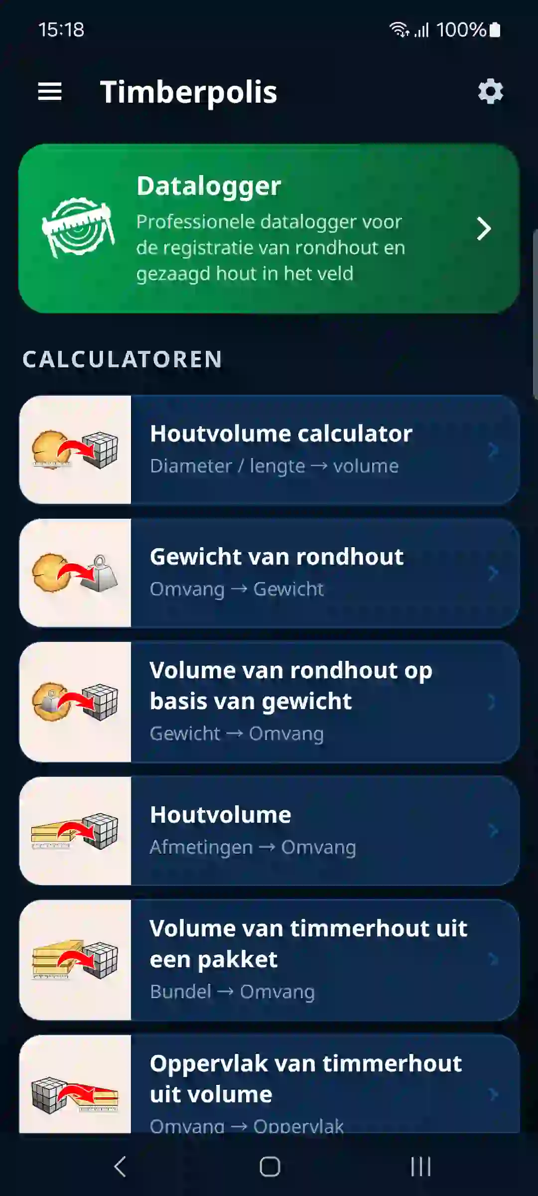 Startscherm van de app met de datalogger en calculatoren
