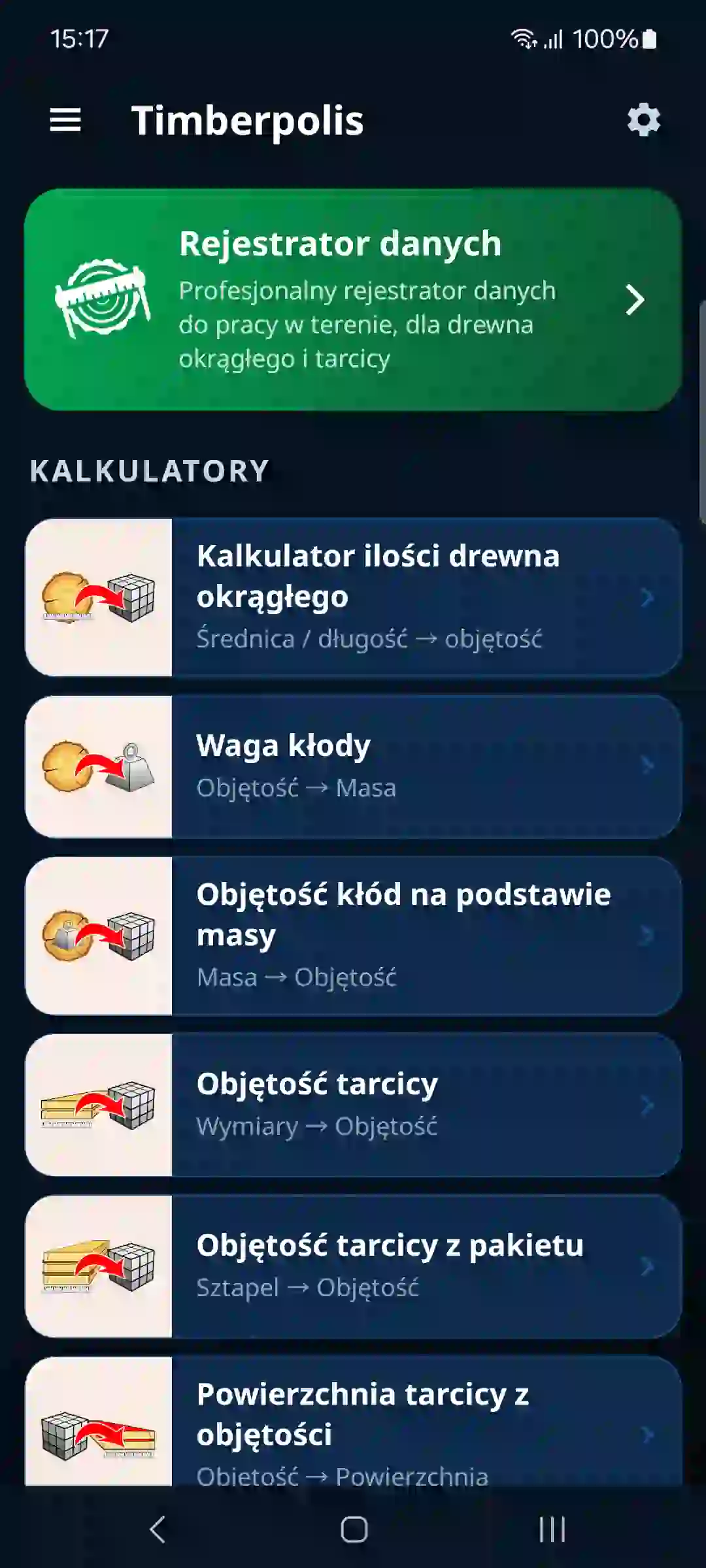 Ekran główny aplikacji z rejestratorem danych i kalkulatorami