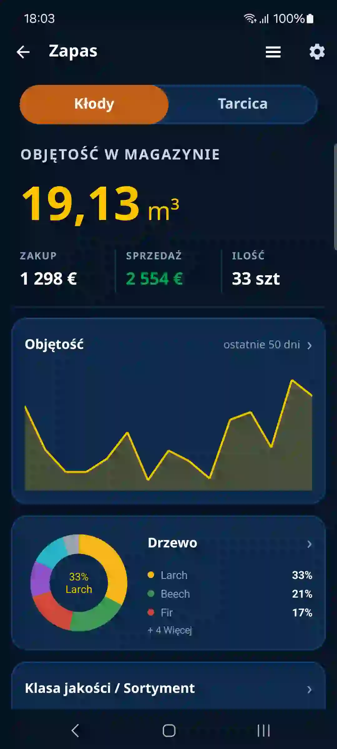 Przegląd zapasów drewna w aplikacji TIMBERPOLIS