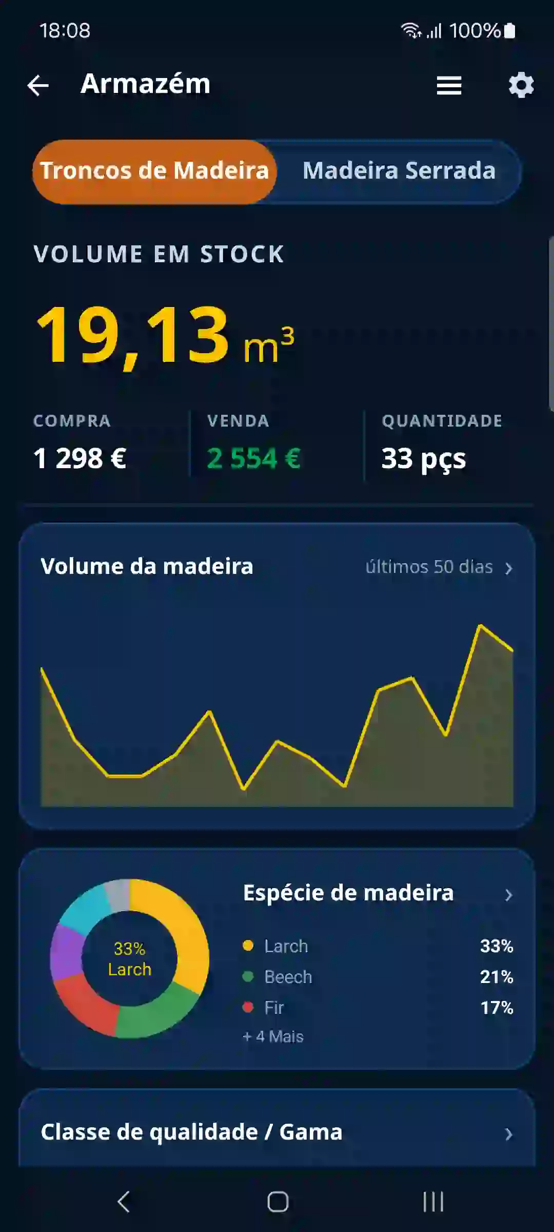 Visão geral do armazém de madeira na aplicação TIMBERPOLIS