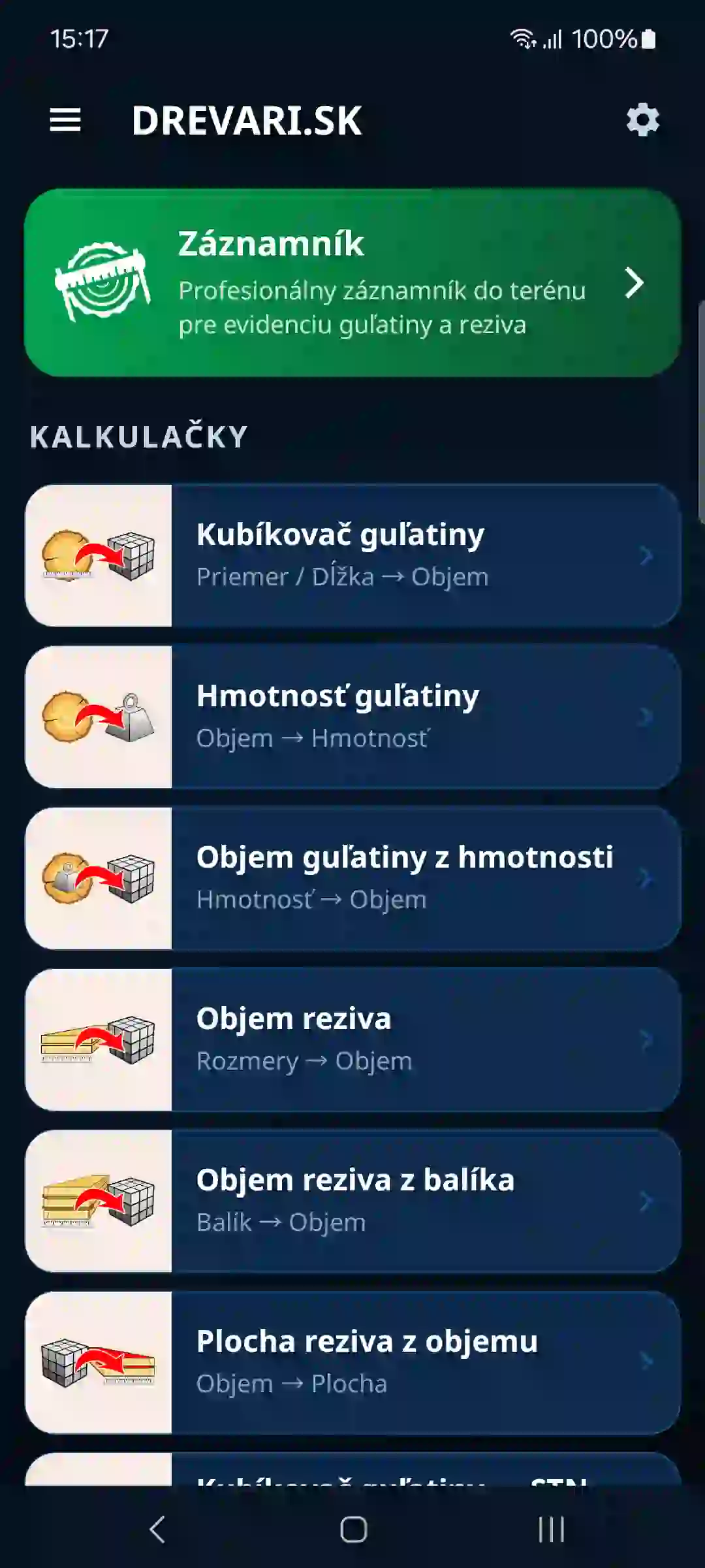 Úvodná obrazovka aplikácie so záznamníkom a kalkulačkami
