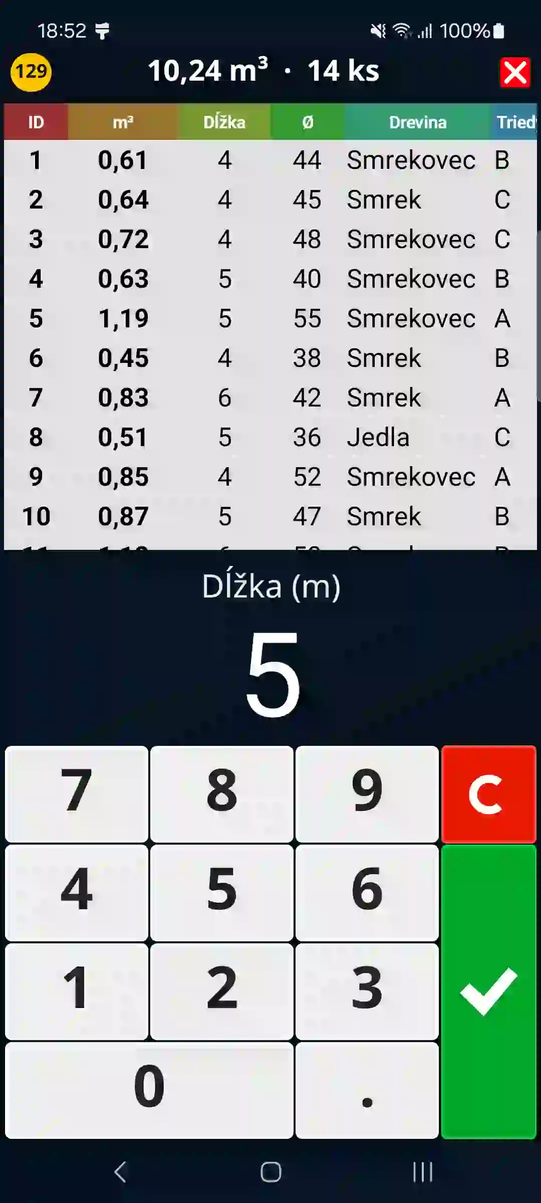Záznamník guľatiny s veľkou klávesnicou v aplikácii DREVARI.SK