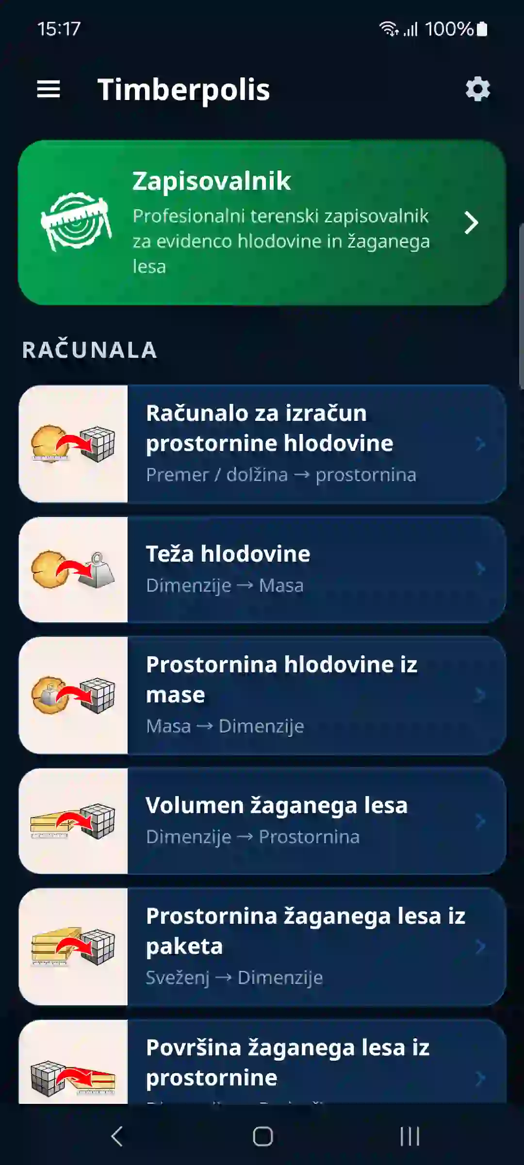 Začetni zaslon aplikacije z zapisovalnikom in računali