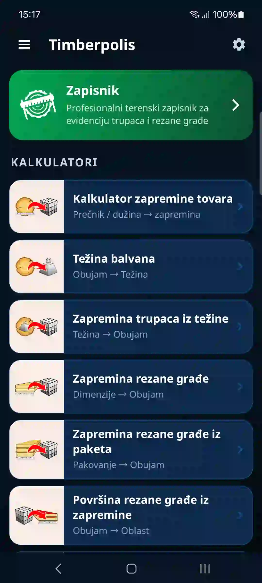 Početni ekran aplikacije sa zapisnikom i kalkulatorima