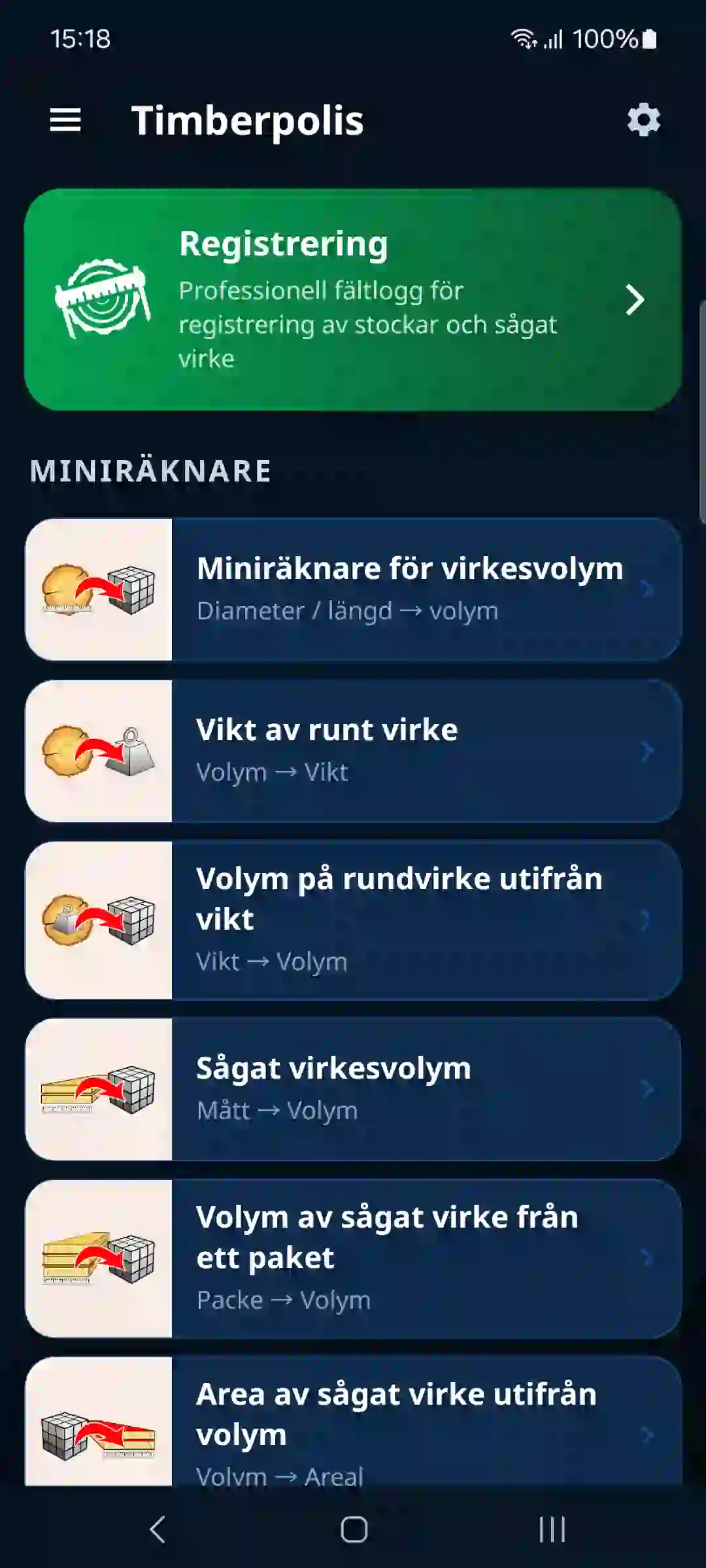 Appens startskärm med registrering och miniräknare