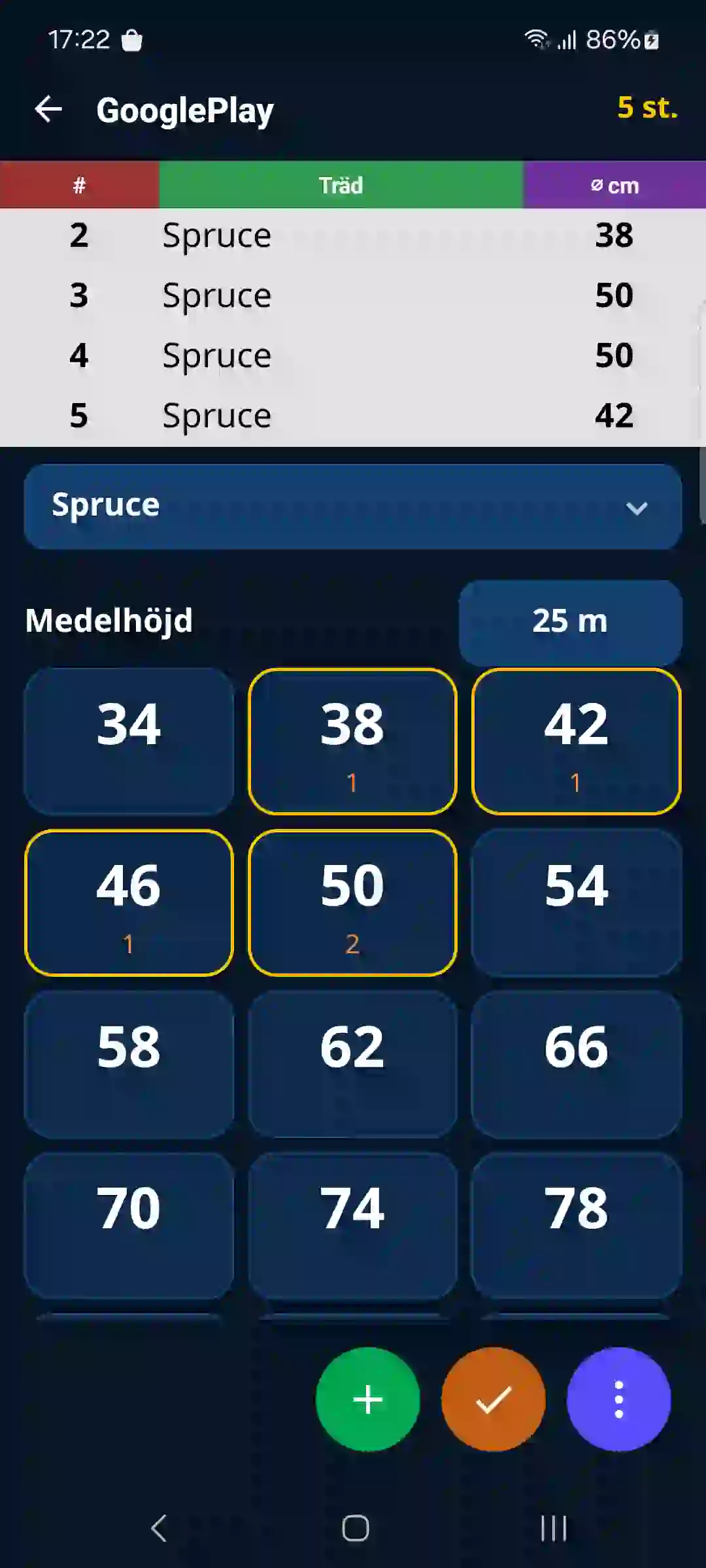 Registrering av stående träd i appen – registrering per trädslag