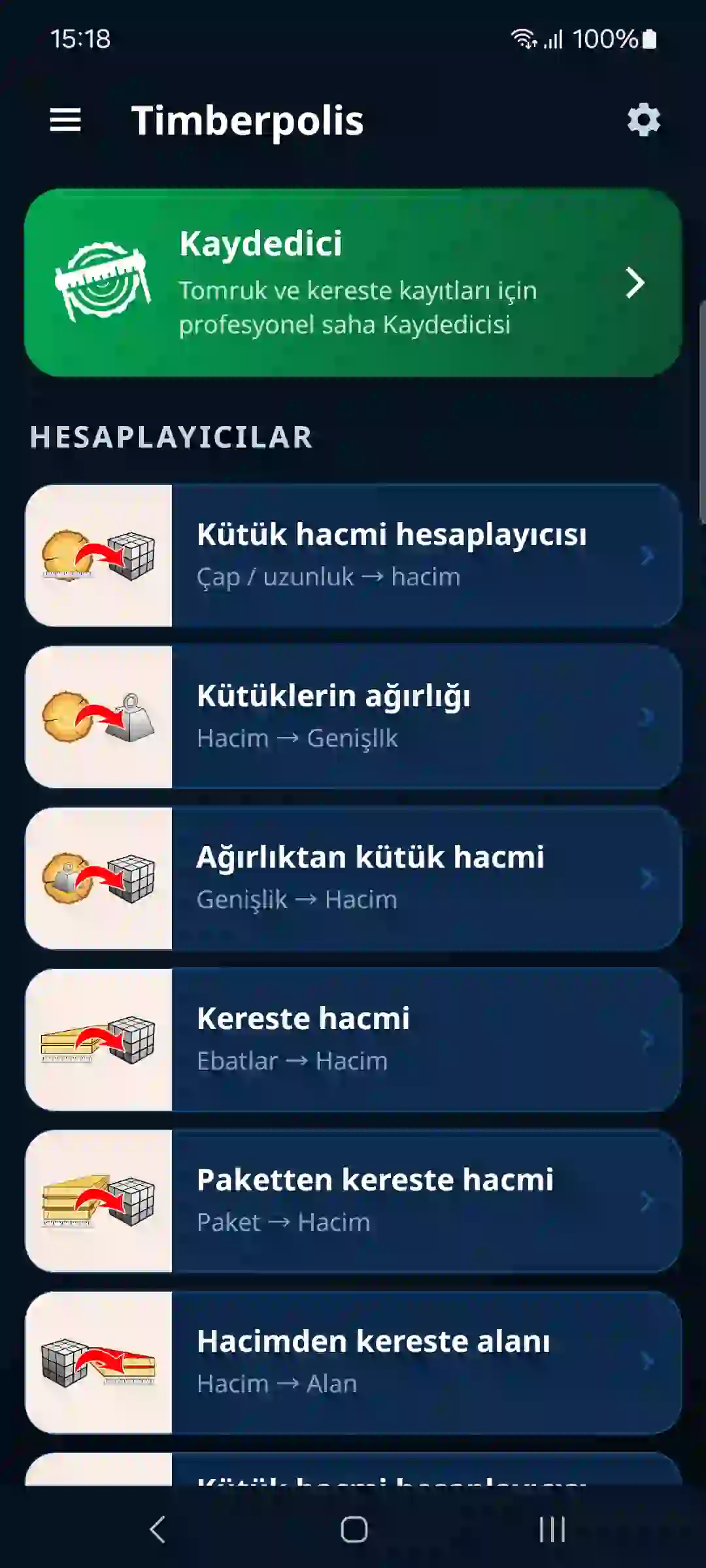 Kaydedici ve hesaplayıcıların bulunduğu uygulama ana ekranı