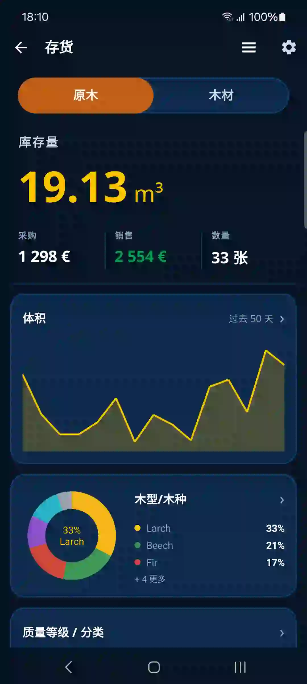 TIMBERPOLIS 应用中的木材存货概览
